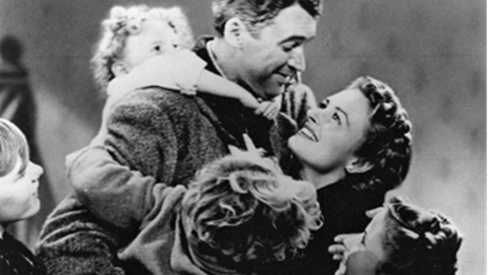 It's a Wonderful Life. Black and white poster of a couple being hugged by children.