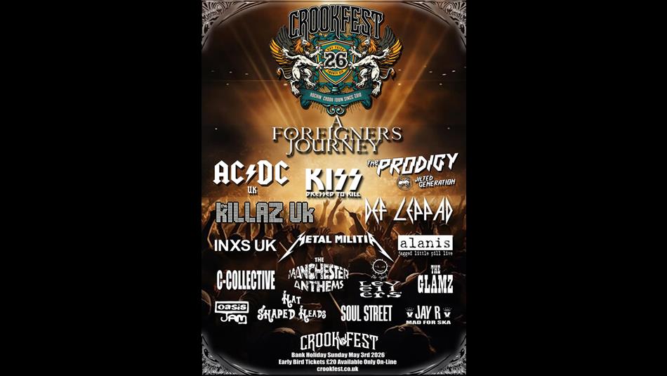 Crookfest 26. List of bands, and background image of a crowd with their hands in the air.