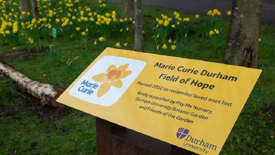 Sign at Durham University Botanic Garden reads, 'Marie Curie, Field of Hope'.