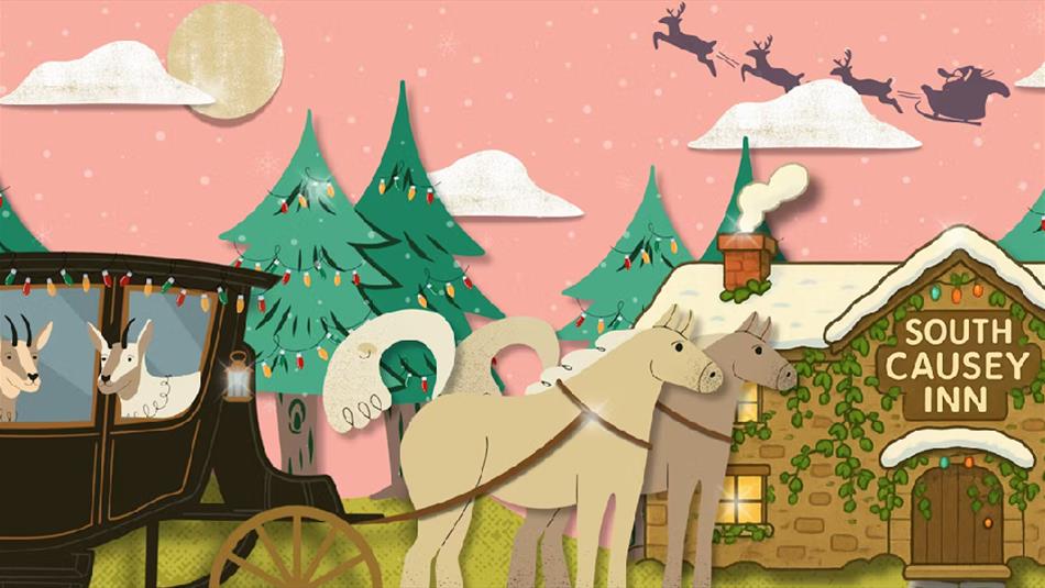 Festive illustration of horse carriage rides at South Causey Inn, with silhouette of Santa and his reindeer flying across the sky.