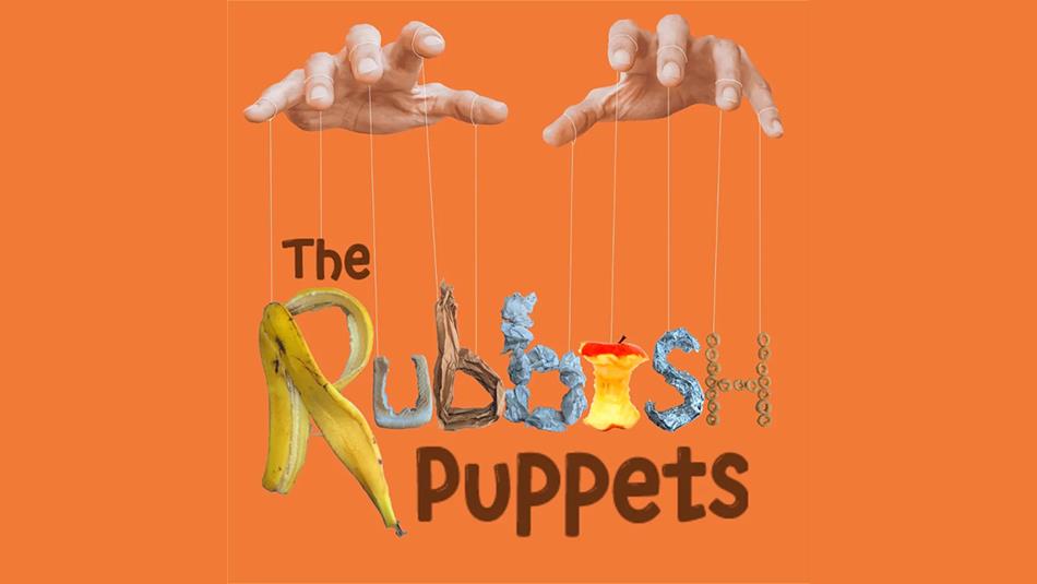 Hands with strings attached to fingers and letters on each string which spell 'The Rubbish Puppets'