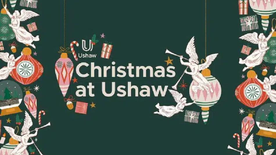 Text reads, 'Christmas at Ushaw', with illustrations of baubles, angels, gifts, candy canes and stars.