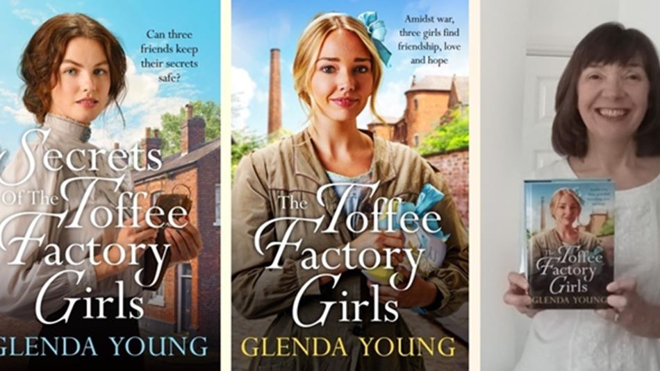Glenda Young holding up her book, 'The Toffee Factory Girls' and images of the covers of two of her novels.