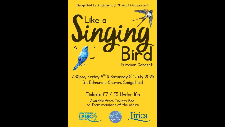 'Like A Singing Bird' poster showing event details and images of birds singing.