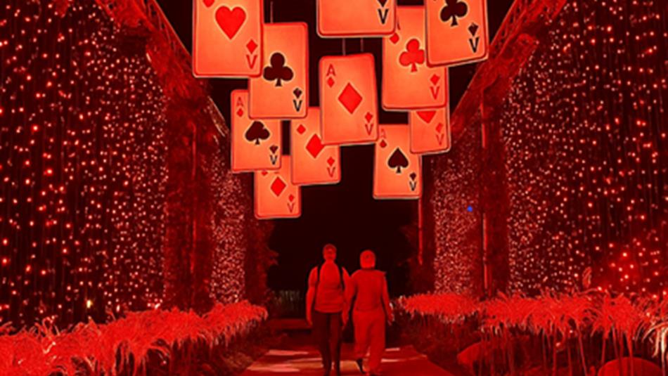 Adventures in Wonderland. Two people walking through a red tunnel of lights, beneath suspended playing cards.