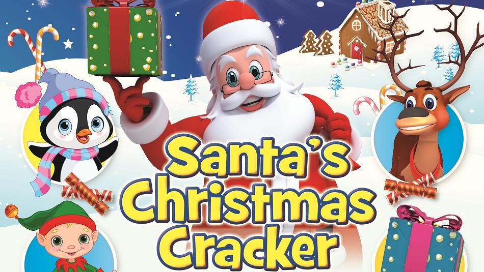 Cartoon images of Santa and friends (elves, penguin, reindeer)