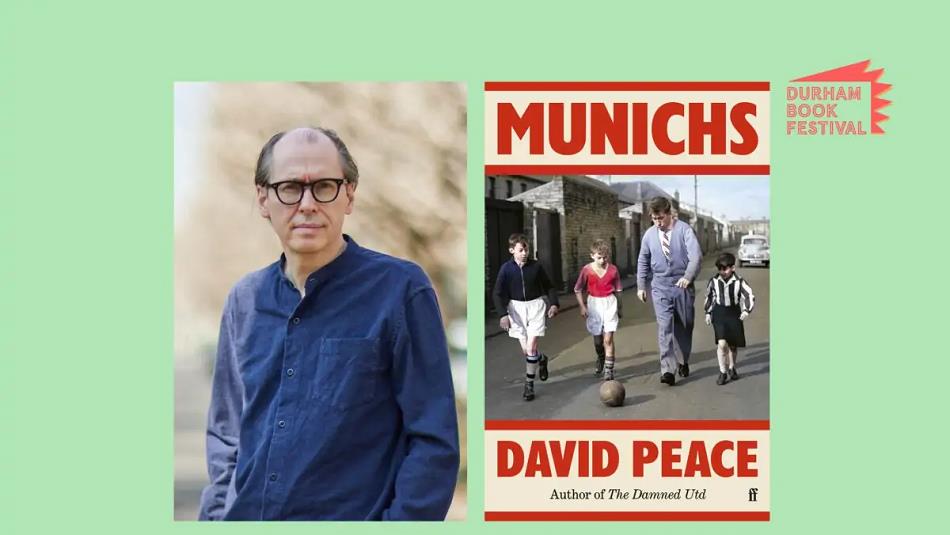 Photo of author David Peace next to the cover of his book, 'Munichs'.