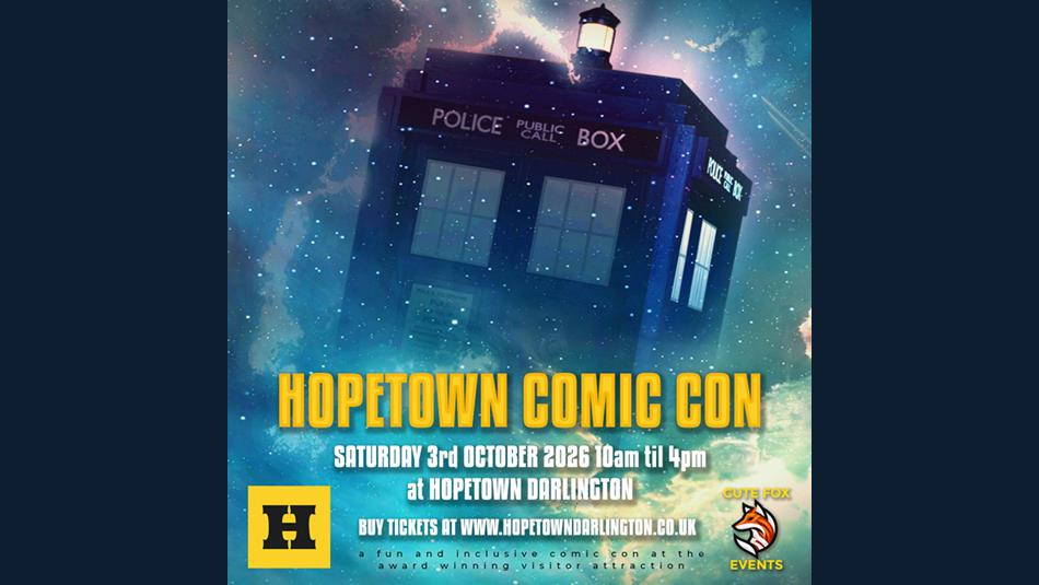 Text 'Hopetown Comic Con' with Dr. Who's Tardis in the background.