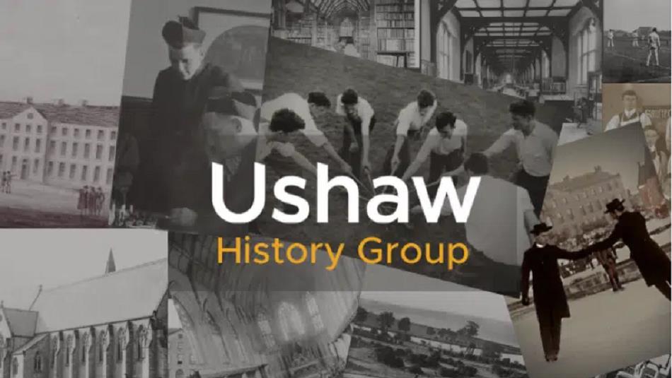 Black and white compilation of historical photos of Ushaw.