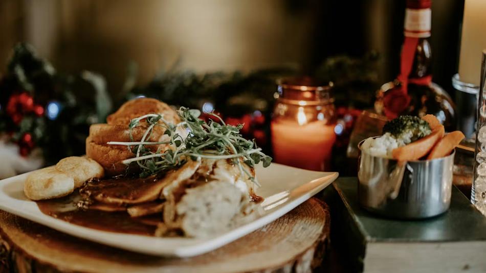 Festive dinner at South Causey Inn. Mashed potatoes, Yorkshire Puddings, vegetables and gravy.
