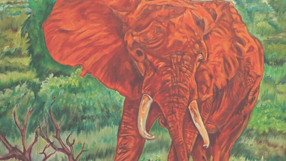 Derek Slater piece 'Big Red'. Artwork depicting a red elephant.