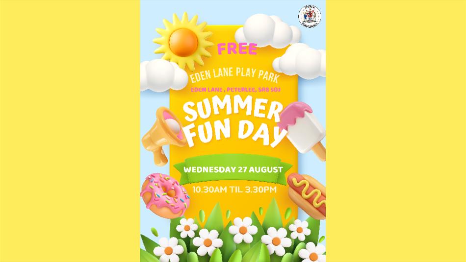 Poster promoting free family fun day in Peterlee. Illustrations of the sun, icecreams, doughnuts and hot dogs.
