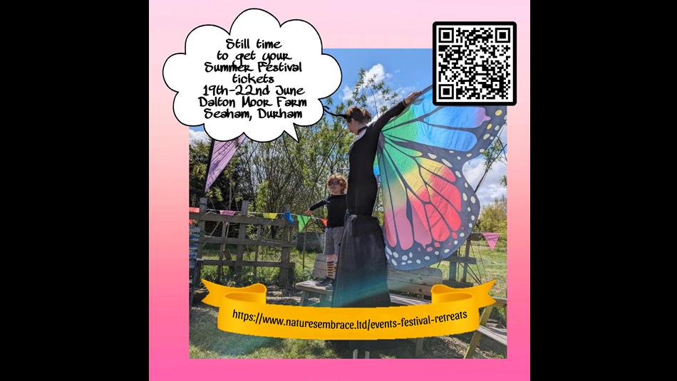 Butterfly Stilt walker in a circle of young willow trees amd a child pretending to have wings