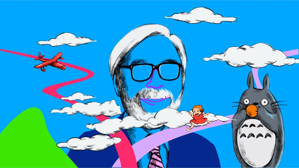 Colourful surreal illustration of a man's head amongst a blue cloudy sky with animals, hills, a plane and a little girl sliding from a cloud around hi