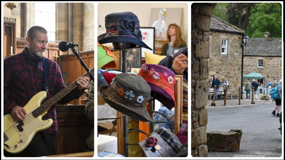 Image one, bass guitarist in the Abbey; second image, Handmade hats in bright colours; third image, a view of the Square in Blanchland from the arch