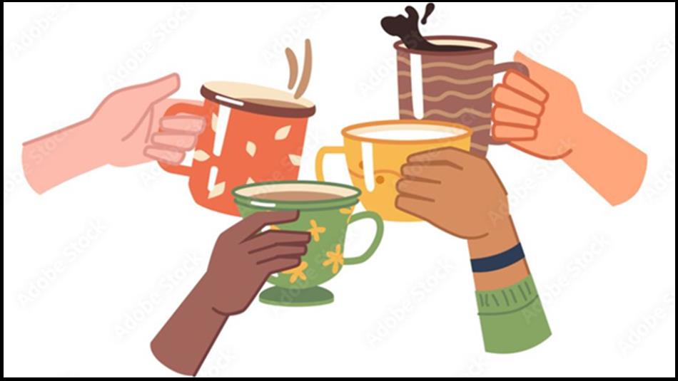 Illustrations of four hands holding teas coffees.