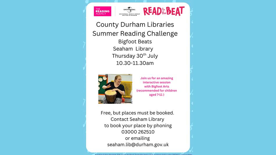 County Durham Libraries Summer Reading Challenge Bigfoot Beats at Seaham Library. Photo of person drumming.
