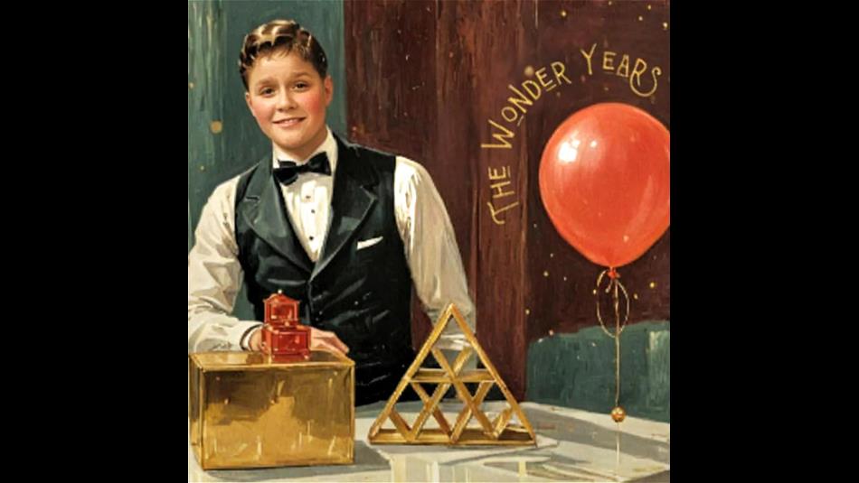 Painting of a young man in a waistcoat and Dickie Bow Tie posing in front of gold magic equipment and a red balloon.
