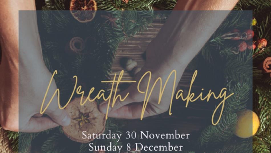 Text, 'Festive Wreath Making' - someone making a wreath.