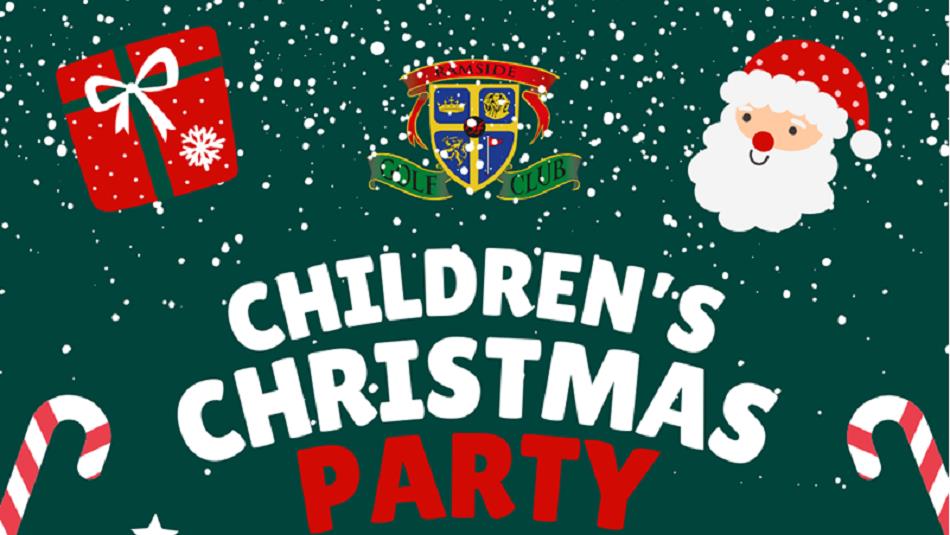 'Children's Christmas Party'. Graphic images on poster of Santa, candy canes, snow and presents.