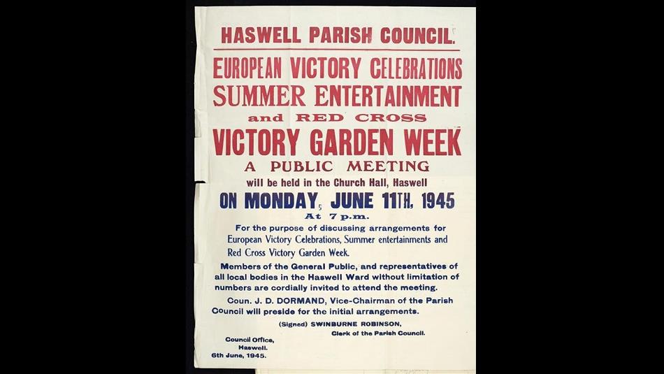 Traditional poster advertising VE celebrations in Haswell from 1945