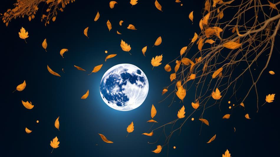 Full moon amongst swirling autumn leaves.