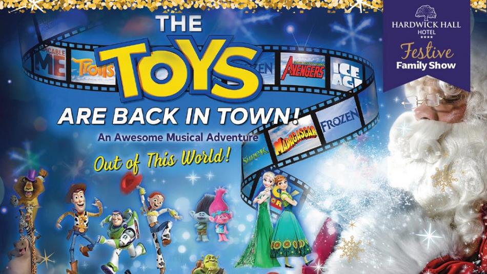 Toy Story, Frozen, Madagascar, Trolls, Shrek & The Avengers, characters on a poster with Santa.