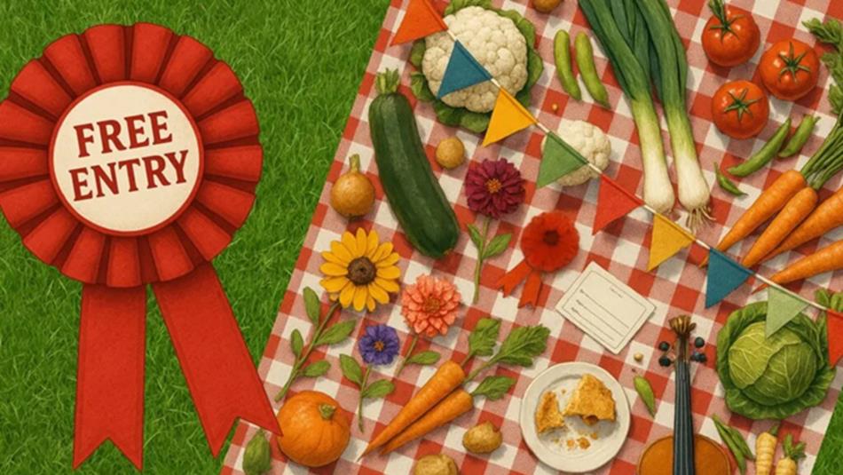A selection of vegetables on a red and white chequered table decorated with colourful bunting and flowers.