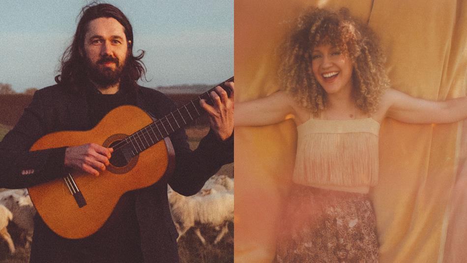 Adam Beattie playing guitar and Fiona Bevan arms stretched wide.