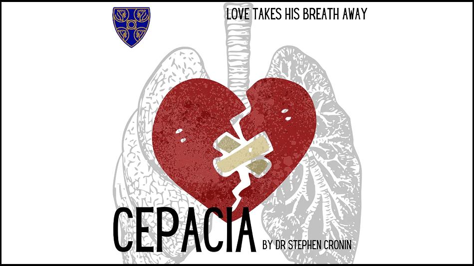 Illustrations of lungs and a heart, text reads, 'Cepacia, by Dr Stephen Cronin'
