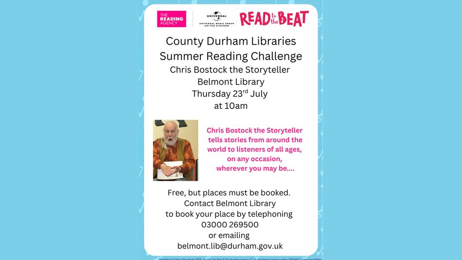 County Durham Libraries Summer Reading Challenge. Chris Bostock the Storyteller, Belmont Library. Thursday 23rd July.