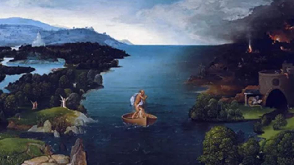 Joachim Patinir: a landscape painting of a rowing boat, sailing down a river, surrounded by verdant riverbanks.