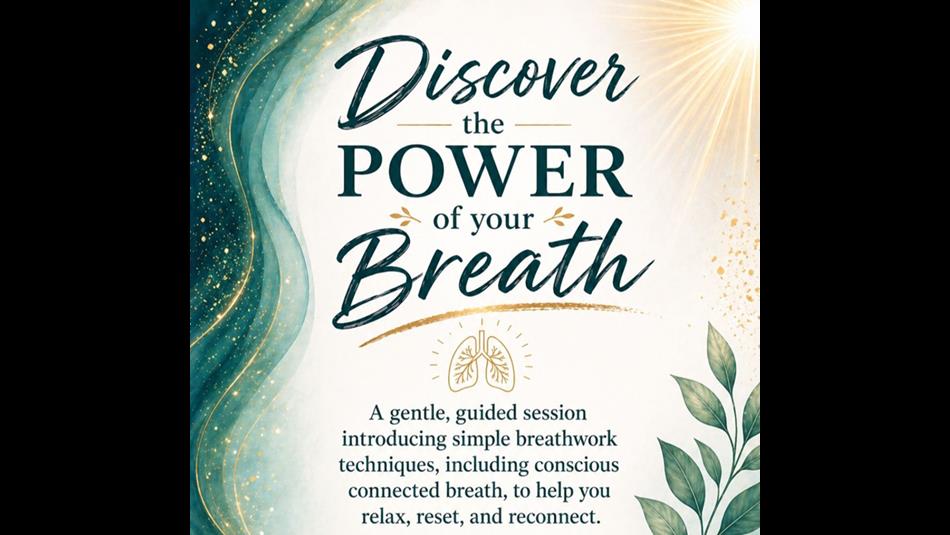 Discover the power of your breath poster advertising a guided session. Graphics show leaves, stars, and sunshine.