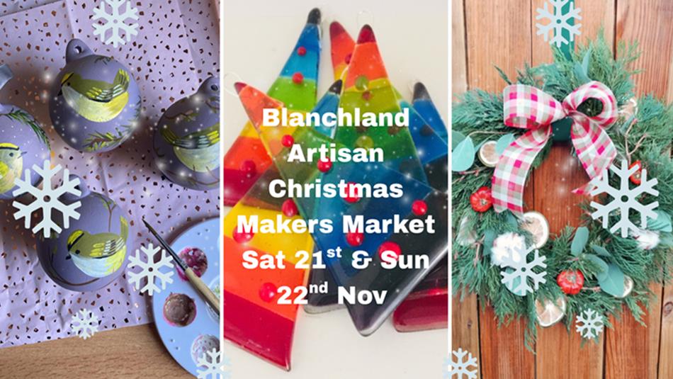 Blanchland Artisan Christmas Makers Market. A Christmas wreath, baubles, snowflakes, and colourful handmade Christmas trees.