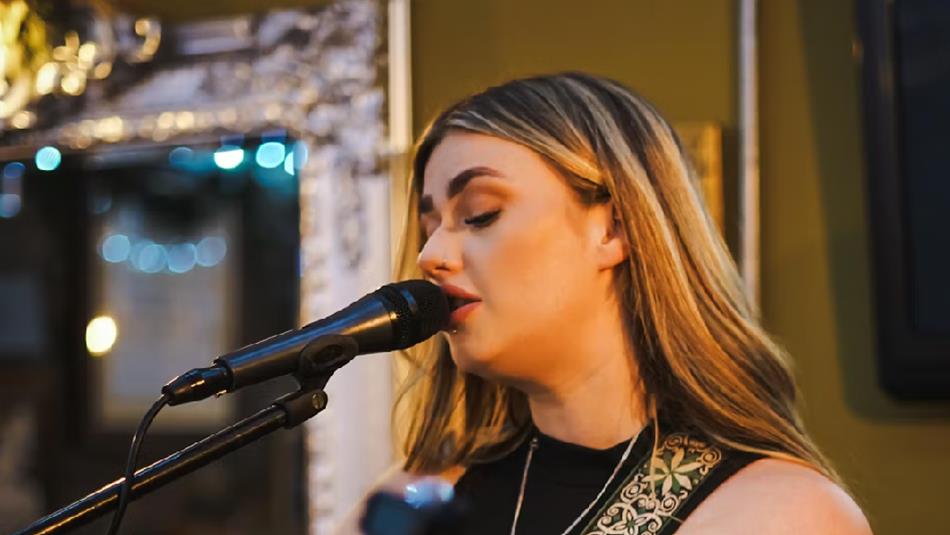 Close-up of Jodie Fitzgibbon performing