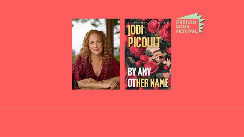 Jodi Picoult next to an image of her book, 'By Any Other Name'.