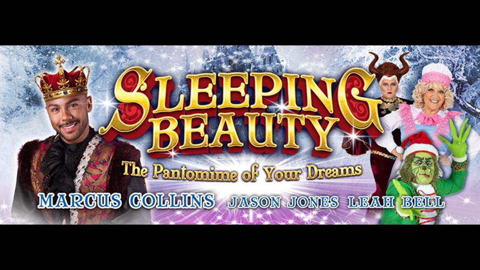 Sleeping Beauty cast showing Marcus Collins, Jason Jones, Leah Bell against a snowy forest backdrop.