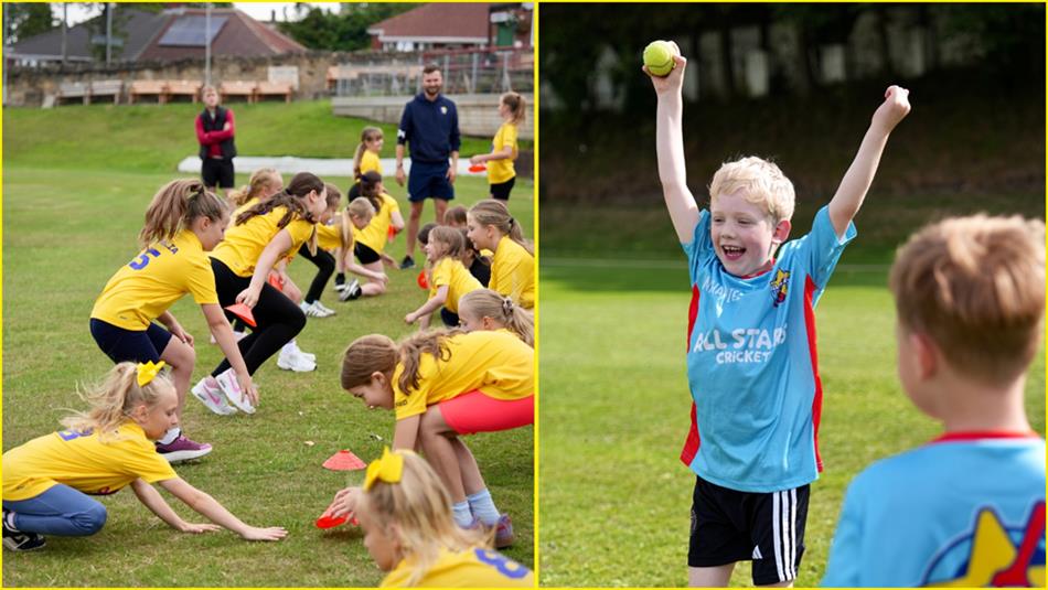 Children in yellow shirts, line up opposite each other at Riverside Stadium, plus two boys in blue shirts, one holding a ball above his head.