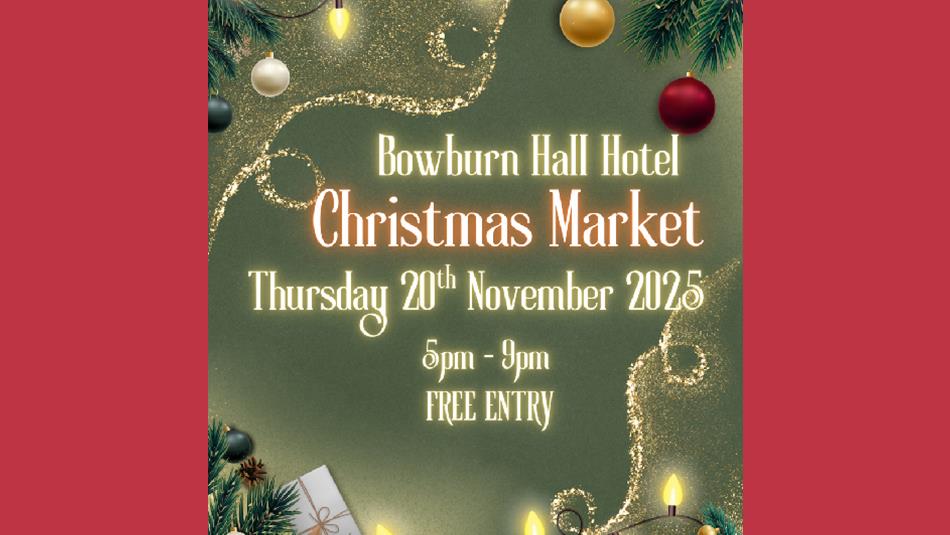 Bowburn Hall Hotel Christmas Market - poster bordered with fairy lights and festive decorations.