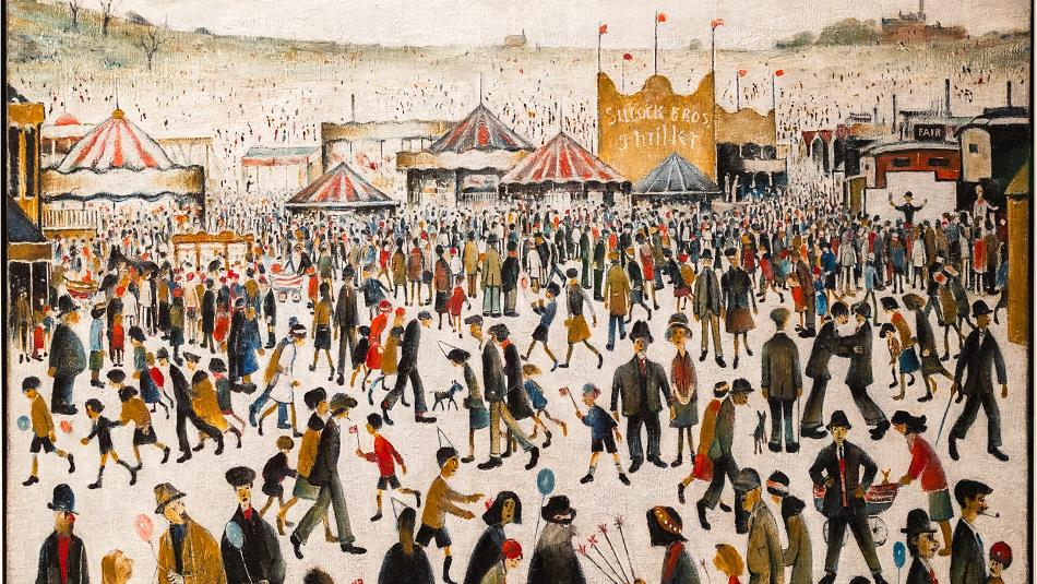 Lowry painting of crowds at a fairground.