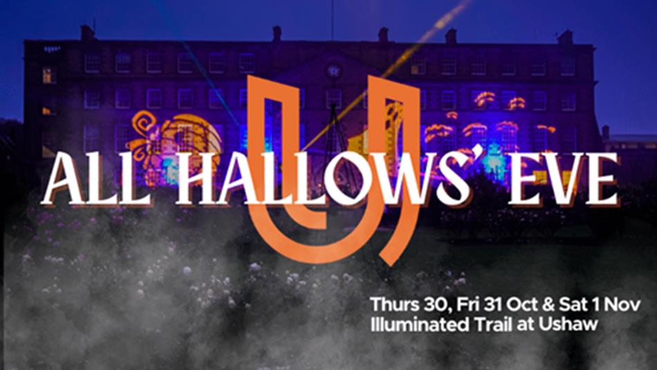 All Hallows' Eve, Ushaw illuminated with pumpkins at night.