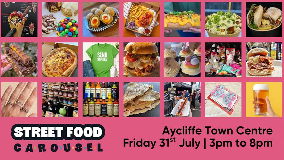 Street Food Carousel Aycliffe Town Centre 31st July. Selection of photographs showing burgers, sandwiches, pizzas, drinks etc