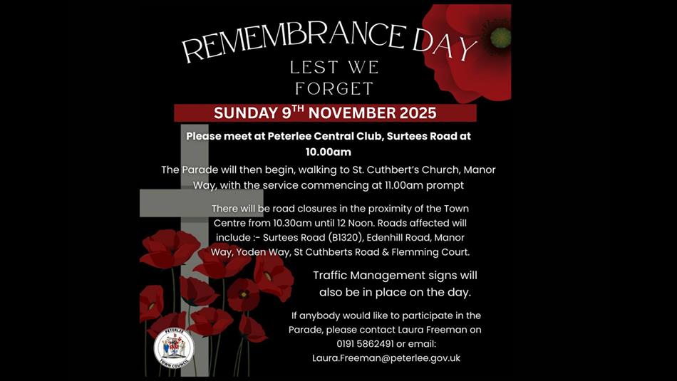 Peterlee's Remembrance Parade & Service 2025 - Poster shows cross and poppies.