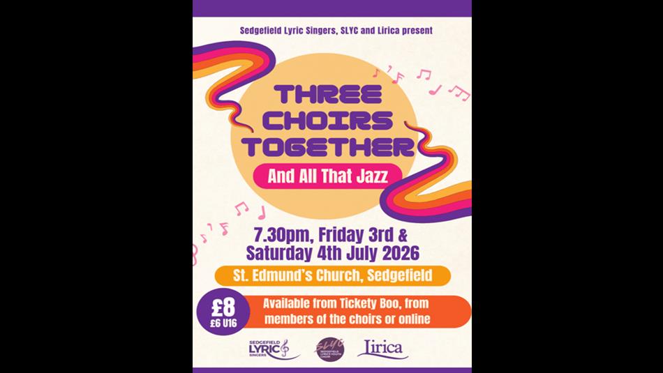 Three Choirs Together And All that Jazz. Poster shows musical notes and swirly orange and yellow patterns.