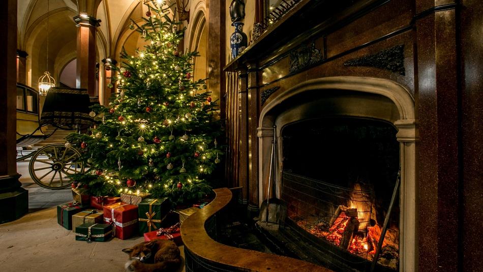 Christmas tree with presents underneath and a fox curled up under a cosy fireplace.