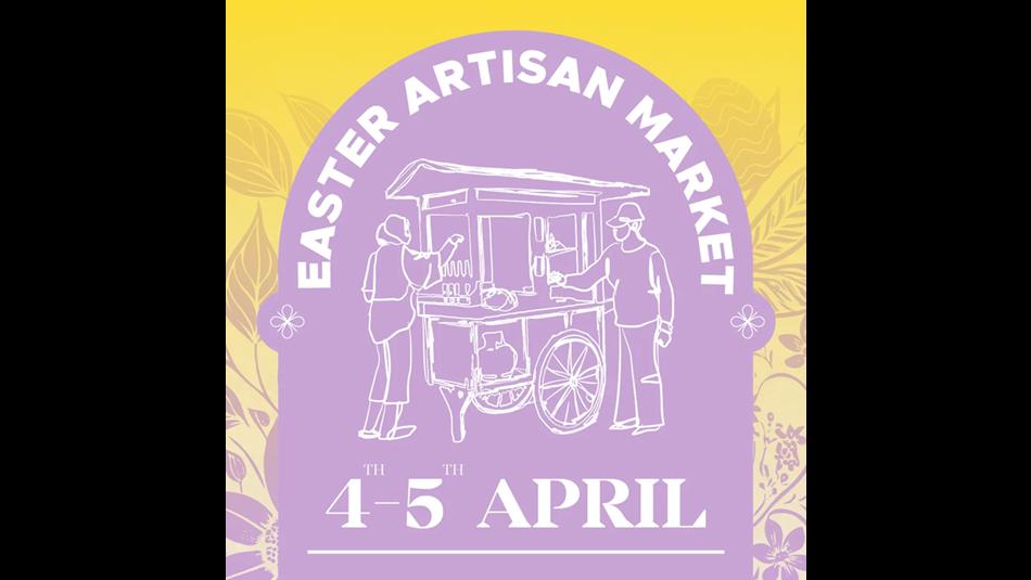 Easter Artisan Market, illustration of two people at a market stall.