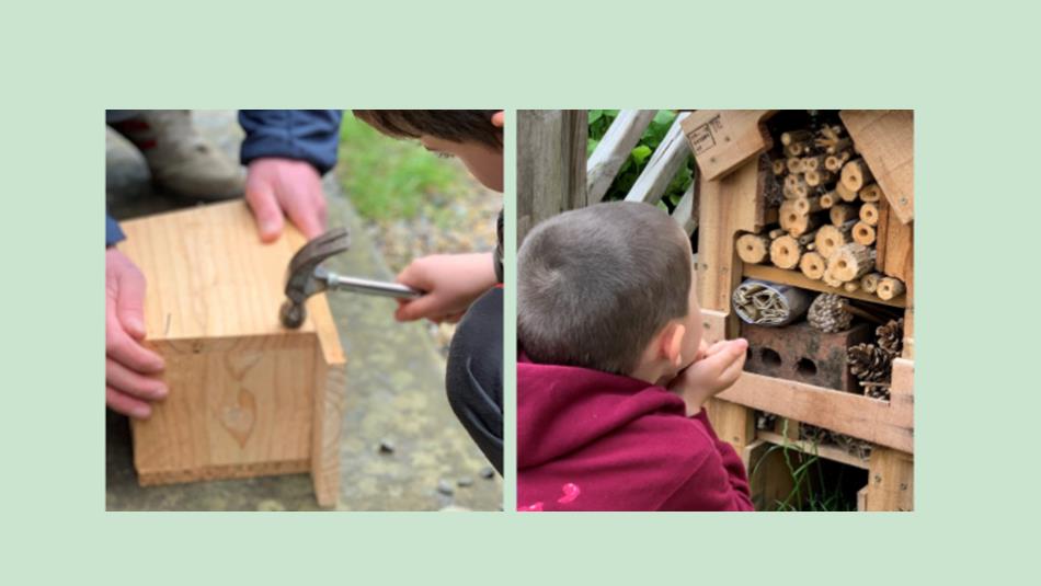 Children working with staff to build bird boxes and bug hotels