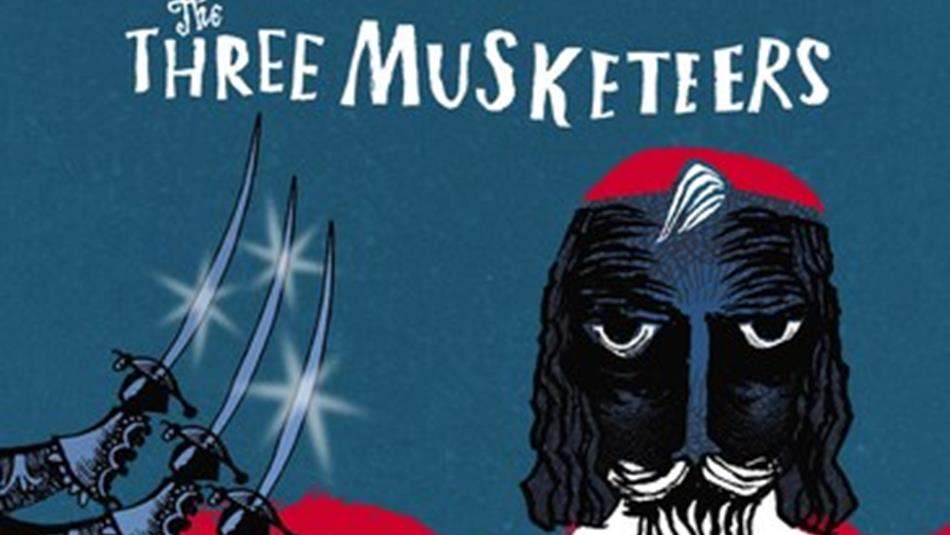 Text reads, 'The Three Musketeers' against an illustration of a bearded man, with large eyes and 3 swords.