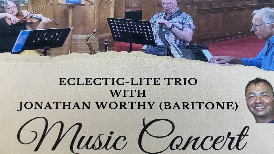 Trio of musicians performing - Eclectic-Lite Trio with Jonathan Worthy (Baritone).