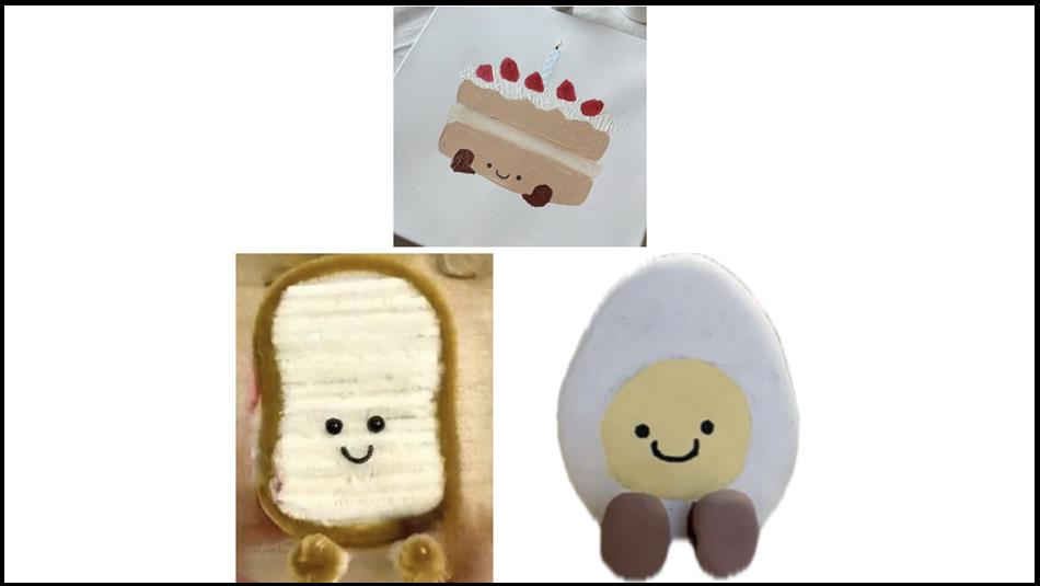 Fuzzy Toast, painted jelly figure canvas and clay egg photo holder.
